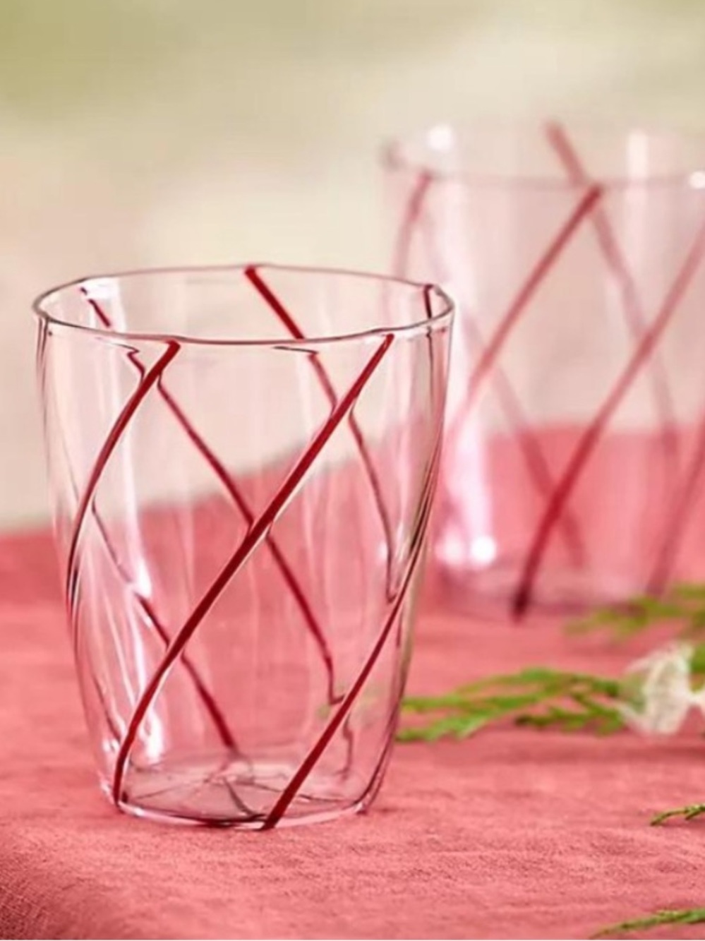 Anthropologie Terrain Candy Stripe Glass Tumblers Set of 2 Red 15 oz NIB